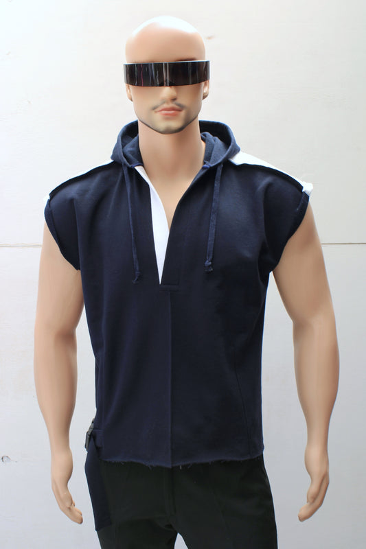 "SLEEVELESS" TUNIC HOODIE ( Navy/White )