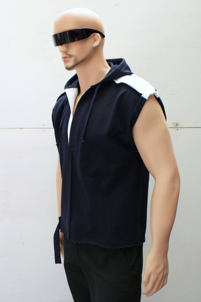 "SLEEVELESS" TUNIC HOODIE ( Navy/White )