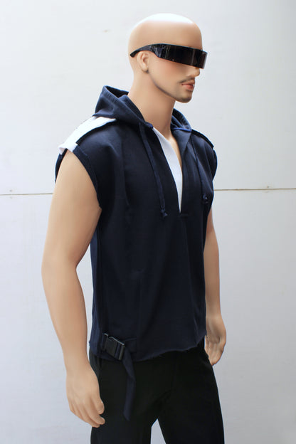 "SLEEVELESS" TUNIC HOODIE ( Navy/White )