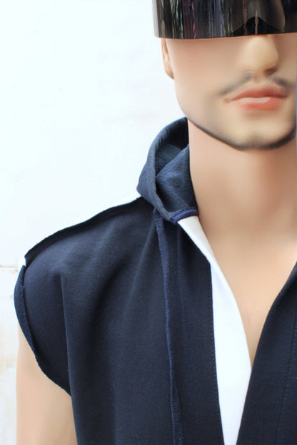 "SLEEVELESS" TUNIC HOODIE ( Navy/White )